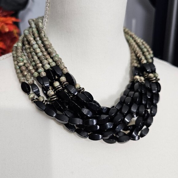 Angela Caputi FIOCCHI Italy Rhyolite Jasper And Black Multi Strand Necklace - Picture 2 of 9